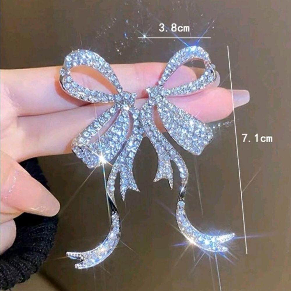 Silver Rhinestone Bow Drop Earrings - Picture 4 of 4